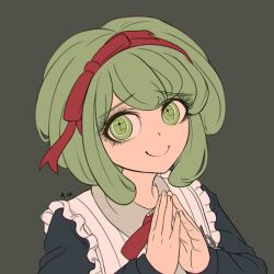 1girl arthasw bow child closed_mouth danganronpa_(series) danganronpa_another_episode:_ultra_despair_girls eyebrows eyelashes female_focus fingernails green_eyes green_hair grey_background hair_bow hair_ribbon hairband headband long_sleeves looking_at_viewer neck_ribbon red_bow red_hairband red_headband red_ribbon ribbon signature simple_background smile solo towa_monaca
