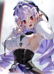 1girl absurdres black_nails black_skirt blush breasts drill_hair grey_hair hair_between_eyes heart heart-shaped_pupils highres long_hair looking_at_viewer mole mole_under_eye multicolored_hair open_mouth pointy_ears purple_hair red_eyes scottie_(phantom2) shirt sideboob skirt solo streaked_hair symbol-shaped_pupils twin_drills vivian_banshee white_shirt zenless_zone_zero