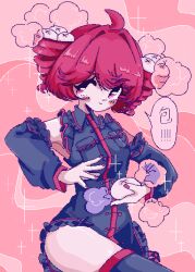 1girl ahoge steamed_bun black_sleeves black_thighhighs breast_pocket closed_mouth collared_shirt detached_sleeves drill_hair fiiish_yu flat_chest food frilled_shirt frilled_shorts frills highres holding holding_food kasane_teto looking_at_viewer micro_shorts pink_background pixel_art pocket red_eyes red_hair red_trim shirt shorts simple_background sleeveless sleeveless_shirt three-quarter_sleeves smile solo thighhighs twin_drills utau wing_collar