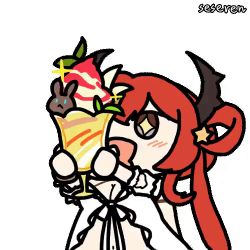 1girl animated animated_gif breasts cleavage food horns long_hair lowres navel open_mouth parfait seseren sparkle sparkling_eyes