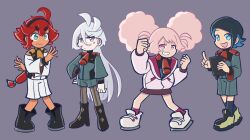 4girls afro_puffs ahoge asticassia_school_uniform black_boots black_hairband black_socks blue_eyes blue_hair blue_shorts boots chuatury_panlunch colored_inner_hair crossed_arms eggtempest grey_background gundam gundam_suisei_no_majo hair_between_eyes hairband hand_on_own_hip highres jacket long_hair miorine_rembran mobile_suit_gundam multicolored_hair multiple_girls nika_nanaura pantyhose pink_eyes pink_hair purple_eyes red_hair school_uniform shirt shoes short_hair shorts smile socks standing suletta_mercury white_hair white_shirt white_shoes white_shorts