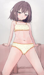 1girl arm_support barefoot blush bow_print bra brown_eyes brown_hair choker clothes_writing collarbone couch crotch_seam flat_chest green_bra green_panties heart heart_print kneeling loli looking_at_viewer navel on_couch open_mouth original panties polka_dot polka_dot_panties print_panties shooko short_hair underwear