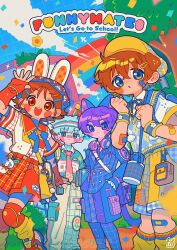 2boys 2girls :d :o animal_ears argyle_clothes argyle_sweater_vest bandaid bandaid_on_arm bandaid_on_cheek bandaid_on_face bandaid_on_knee bandaid_on_leg bike_shorts bike_shorts_under_shorts blue_eyes blue_hair blue_headband blue_jacket blue_pantyhose blue_ribbon blue_shoes blue_shorts blue_sweater_vest blush_stickers brown_hair cat_ears closed_mouth collared_shirt commentary day english_commentary hair_ornament hairclip hand_up hat headband headphones headphones_around_neck highres itousa jacket knee_pads kneehighs looking_at_viewer loose_socks multiple_boys multiple_girls neck_ribbon open_mouth original outdoors pants pantyhose parallel_hairclips plaid_clothes plaid_jacket plaid_pants plaid_pantyhose purple_hair rabbit_ears rainbow red_eyes red_shorts ribbon shirt shoes short_hair short_sleeves shorts signature smile socks standing sweater_vest tree watermark waving white_pants white_shirt wristband yellow_hat yellow_shorts yellow_socks