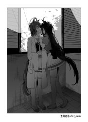 2girls absurdres agnes_tachyon_(umamusume) ahoge animal_ears back_bow blush bow bowtie chemical_structure closed_eyes coat commentary_request crosshatching ear_ornament full_body grabbing_another&#039;s_chin greyscale hand_on_another&#039;s_chin hatching_(texture) highres holding_beaker horse_ears horse_girl horse_tail horseshoe_ornament indoors kiss lab_coat long_hair manhattan_cafe_(umamusume) monochrome multiple_girls open_clothes open_coat pleated_skirt puffy_short_sleeves puffy_sleeves sailor_collar sailor_shirt school_uniform shirt shoes short_hair short_sleeves skirt sleeves_past_fingers sleeves_past_wrists standing summer_uniform surprised tail thighhighs tkcf_mania tracen_school_uniform umamusume uwabaki yuri zettai_ryouiki