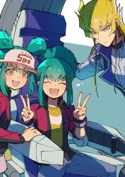 1girl 2boys absurdres blonde_hair blue_pants brother_and_sister closed_eyes d-wheel double_v green_background green_hair high_ponytail highres jack_atlas jacket long_hair lua_(yu-gi-oh!) luca_(yu-gi-oh!) multiple_boys pants ponytail purple_eyes red_jacket shirt short_hair siblings simple_background v visor_cap yellow_shirt youko-shima yu-gi-oh! yu-gi-oh!_5d&#039;s