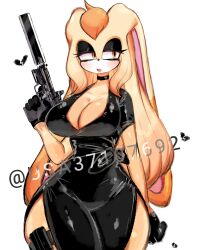 1girl beige_fur black_dress blonde_hair blush breasts brown_fur cleavage cocktail_dress dress furry furry_female gloves gun heart highres large_breasts long_hair rabbit_ears rabbit_girl side_slit solo sonic_(series) suppressor thick_thighs thighs usa37107692 vanilla_the_rabbit weapon wide_hips yellow_eyes