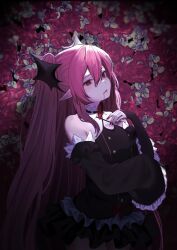 1girl absurdres black_dress blood commentary criss-cross_halter detached_collar detached_sleeves double-parted_bangs dress english_commentary frilled_dress frilled_sleeves frills hair_between_eyes hair_ornament halterneck highres immybisou krul_tepes long_hair looking_at_viewer owari_no_seraph pink_hair red_eyes red_ribbon ribbon single_sleeve_past_fingers single_sleeve_past_wrist solo very_long_hair