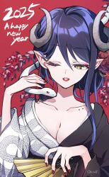 1girl 2025 alternate_costume alternate_hairstyle black_hair black_kimono blue_hair blush breasts chinese_zodiac cleavage collarbone curled_horns demon_girl demon_horns fingernails folding_fan grey_horns hair_between_eyes hand_fan happy_new_year hebiyoi_tier highres holding holding_fan horns japanese_clothes kimono kuzuhana large_breasts looking_at_viewer multicolored_hair nanashi_inc. new_year one_eye_closed pointy_ears red_background red_nails short_hair_with_long_locks sidelocks smile snake snake_bite solo_focus two-tone_hair upper_body virtual_youtuber white_kimono white_snake year_of_the_snake yellow_eyes