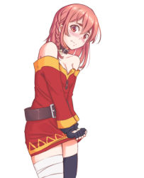 Rule 34 | 1girl, bandaged leg, bandages, belt, black choker, black gloves, black thighhighs, blush, braid, brown belt, choker, closed mouth, cosplay, dress, fingerless gloves, gloves, gustaflowart, highres, kanojo okarishimasu, kono subarashii sekai ni shukufuku wo!, megumin, megumin (cosplay), pulling, red dress, red eyes, sakurasawa sumi, side braid, single thighhigh, thick eyebrows, thighhighs, voice actor connection