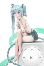 1girl absurdres bare_arms bare_legs bare_shoulders barefoot black_skirt blue_eyes blue_hair blue_ribbon blush bodystocking closed_mouth fishnet_bodystocking fishnets hair_between_eyes hand_on_own_cheek hand_on_own_face hatsune_miku highres ipod_shuffle ipod_shuffle_2g long_hair looking_at_viewer pout ribbon shirt sidelocks skirt twintails vocaloid vrabius white_shirt