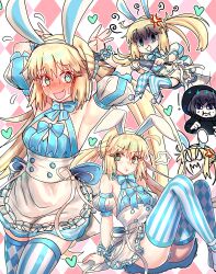 1boy 1girl @_@ absurdres ahoge anger_vein animal_ears argyle_clothes argyle_legwear armpits arms_up artoria_caster_(fate) artoria_caster_(swimsuit)_(fate) artoria_caster_(swimsuit)_(second_ascension)_(fate) artoria_caster_(swimsuit_berserker)_(fate) artoria_caster_(swimsuit_berserker)_(second_ascension)_(fate) artoria_pendragon_(fate) ass bare_shoulders black_hair blonde_hair blue_dress blue_eyes blue_thighhighs blush breasts chibi dress ebora fake_animal_ears fate/grand_order fate_(series) green_eyes hairband highres knife long_hair looking_at_viewer multiple_views oberon_(fate) oberon_(moody_summer_oberon)_(fate) oberon_(third_ascension)_(fate) open_mouth puffy_short_sleeves puffy_sleeves rabbit_ears shaded_face short_hair short_sleeves skirt small_breasts smile striped_clothes striped_thighhighs thighhighs thighs twintails white_skirt