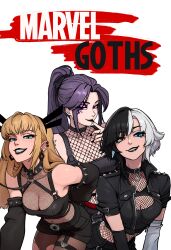 3girls absurdres alternate_costume black_hair black_jacket black_lips black_shorts black_sleeves blonde_hair blue_eyes breasts brown_eyes detached_sleeves english_text fishnet_top fishnets goth_fashion hair_ornament heterochromia highres jacket large_breasts long_hair looking_at_viewer luna_snow magik_(x-men) marvel marvel_rivals multicolored_hair multiple_girls open_clothes open_jacket ponytail psylocke purple_eyes purple_hair redpostit short_shorts short_sleeves shorts split-color_hair two-tone_hair white_hair x-men