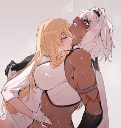 Rule 34 | 2girls, animal ears, armlet, bare shoulders, black gloves, black hairband, blonde hair, blue eyes, blush, body markings, breasts, caenis (fate), caenis (second ascension) (fate), clenched teeth, closed eyes, clothes grab, commentary, dark-skinned female, dark skin, ears down, elbow gloves, fate/grand order, fate (series), from side, genderswap, genderswap (mtf), gloves, grey background, hair between eyes, hair intakes, hairband, halterneck, hand on another&#039;s back, hand on another&#039;s stomach, highres, horse ears, jewelry, kirschtaria wodime, large breasts, licking, licking another&#039;s neck, long hair, looking at another, multiple girls, ponytail, ponytail holder, protected link, sabamori, shirt, shirt grab, simple background, sleeveless, sleeves rolled up, sweat, teeth, tongue, tongue out, twitching, upper body, white gloves, white hair, white shirt, yuri