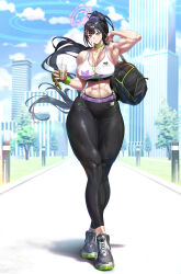 1girl abs absurdres adjusting_hair biceps black_hair blue_archive blue_sky breasts choker cityscape cleavage cup disposable_cup drink hair_ornament hair_scrunchie halo highres holding holding_cup long_hair muscular muscular_female outdoors ponytail purple_eyes purple_scrunchie qtime_702 road scrunchie shoes sky sneakers solo sportswear starbucks street sumire_(blue_archive) sunglasses tank_top thick_thighs thighs unworn_eyewear very_long_hair