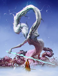1boy absurdres brown_hair brown_kimono commentary divine_dragon_(sekiro) dragon eastern_dragon flower from_behind highres holding holding_sword holding_weapon horns japanese_clothes kalmahul katana kimono night ninja ponytail scarf sekiro sekiro:_shadows_die_twice short_hair sky sword topknot weapon