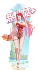 Rule 34 | absurdres, ahoge, beach, blue fire, breasts, covered navel, elizabeth rose bloodflame, elizabeth rose bloodflame (holonatsu paradise), eyewear on head, feet, fire, fire on chest, highleg, highleg one-piece swimsuit, highres, hololive, hololive english, huge ahoge, large breasts, lifeguard, long hair, looking at viewer, neocity222, ocean, official alternate costume, one-piece swimsuit, open mouth, red eyes, red hair, red one-piece swimsuit, sand, sandals, solo, swimsuit, thigh strap, toes, virtual youtuber, whistle, whistle around neck