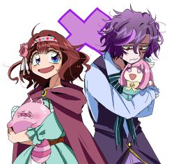 10s 1boy 1girl ani_inako brown_hair cat character_doll dame_x_prince doll gurimaru kyuaran mare_selen_el_phiriazar purple_hair simple_background smile stuffed_toy white_background
