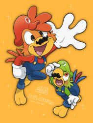 2b_(nier:automata) absurdres bg_0862 cosplay gloves hat highres humanization jose_carioca long_sleeves looking_at_viewer luigi luigi_(cosplay) male_focus mario mario_(cosplay) mario_(series) mickey_mouse_&amp;_friends multiple_boys nintendo open_mouth panchito_pistoles personification shirt simple_background smile the_three_caballeros white_gloves