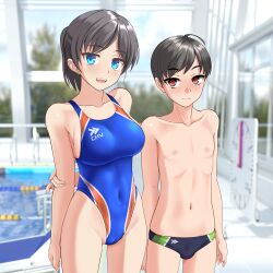 1boy 1girl absurdres age_difference ahoge black_hair black_male_swimwear blue_eyes blue_one-piece_swimsuit breasts clock commentary_request competition_swimsuit covered_navel cowboy_shot highleg highleg_one-piece_swimsuit highres indoors lane_line large_breasts logo male_swimwear one-piece_swimsuit onee-shota original ponytail pool red_eyes standing swim_briefs swimsuit takafumi two-tone_swimsuit variant_set
