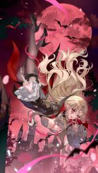 1girl absurdres architecture ascot bat_(animal) black_coat black_collar black_thighhighs blonde_hair breasts building cleavage cloud coat collar commentary dress facial_mark falling_petals fang floating_hair full_body full_moon glint gold_trim hair_between_eyes high_heels highres lamia_(silver_and_blood) large_breasts lens_flare long_hair long_sleeves looking_ahead midair moon moonlight nail_polish night night_sky open_mouth outdoors petals pointy_ears red_eyes red_moon red_nails red_sky silver_and_blood sky smile solo sparkle star_(sky) thighhighs thighs tree two-sided_coat two-sided_fabric upside-down vampire very_long_hair white_ascot yolanda