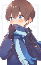 1boy arm_up arms_up artist_name black_gloves blue_eyes blue_jacket blue_scarf blush brown_hair covering_own_mouth dated double-parted_bangs far_tarooo flying_sweatdrops gloves hair_between_eyes highres jacket looking_to_the_side male_focus original scarf sideways_glance solo upper_body v