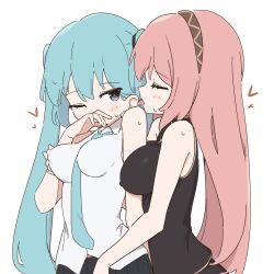 2girls black_shirt black_skirt blue_eyes blue_hair blush breasts brown_hairband closed_eyes commentary_request covered_erect_nipples covering_own_mouth ear_licking giryu grabbing_another&#039;s_breast grabbing_from_behind groping hairband hatsune_miku heart large_breasts licking long_hair medium_breasts megurine_luka multiple_girls nipple_stimulation one_eye_closed paid_reward_available pink_hair pleated_skirt shirt simple_background skirt sleeveless sleeveless_shirt twintails vocaloid white_background yuri