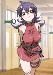 Rule 34 | 1girl, arm strap, arms behind back, bare shoulders, belt, black choker, breasts, choker, cowboy shot, cowlick, curly hair, door, dress, duel masters, hallway, halter dress, halterneck, large breasts, long hair, looking at viewer, pouch, purple hair, red dress, school, short dress, sleeveless, smile, solo, standing, tasogare mimi, thigh pouch, thigh strap, yoshikage (yo4kage)