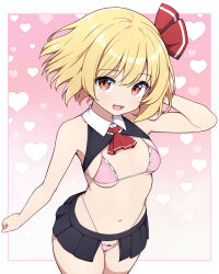 1girl black_skirt blush bra breasts brown_eyes heart heart_background highleg highleg_panties highres looking_at_viewer microskirt open_mouth panties pink_bra pink_panties rizento rumia short_hair showgirl_skirt skirt small_breasts smile solo touhou underwear