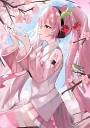 Rule 34 | 1girl, absurdres, arms up, bird, branch, cherry blossoms, cherry hair ornament, detached sleeves, falling petals, flowle ow0, food-themed hair ornament, frilled shirt, frills, from side, hair ornament, hatsune miku, headset, highres, holding, holding branch, long hair, looking ahead, necktie, number tattoo, outdoors, parted lips, petals, pink hair, pink nails, pink necktie, pink skirt, pink sleeves, pink thighhighs, red eyes, sakura miku, shirt, sidelocks, sitting, skirt, sleeveless, sleeveless shirt, smile, solo, tattoo, thighhighs, twintails, very long hair, vocaloid, white shirt, zettai ryouiki