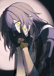 1girl black_coat black_gloves coat commentary covering_face cracked_skin gloves grey_hair hashtag-only_commentary hatuki_82 highres honkai:_star_rail honkai_(series) leaning_forward long_hair looking_at_viewer looking_to_the_side open_clothes open_coat shadow shirt sideways_glance solo spotlight stelle_(honkai:_star_rail) trailblazer_(honkai:_star_rail) twitter_username upper_body white_shirt yellow_eyes