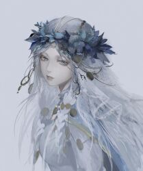 1girl blue_eyes braid doll_joints dress elden_ring elden_ring_nightreign flower_wreath head_wreath highres holding jewelry joints kwiaty_k long_hair looking_at_viewer low_twin_braids revenant_(elden_ring) solo twin_braids veil white_dress white_hair