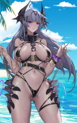Rule 34 | 1girl, absurdres, ahoge, bikini, black bikini, blue sky, breasts, collar, day, gluteal fold, headgear, highres, large breasts, linked bikini, long hair, looking at viewer, metal collar, multi-strapped bikini bottom, o-ring, o-ring bikini, original, outdoors, purple eyes, revealing clothes, scrunchie, sky, solo, summer, swimsuit, user jcdv4842, water, wrist scrunchie