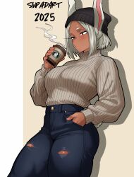 1girl 2025 alternate_costume animal_ears artist_name beanie black_hat blue_pants blush boku_no_hero_academia breasts commentary cup dark-skinned_female dark_skin disposable_coffee_cup disposable_cup english_commentary grey_sweater hand_in_pocket hat highres holding holding_cup large_breasts long_eyelashes looking_at_object mirko pants parted_bangs parted_lips puckered_lips rabbit_ears rabbit_girl rabbit_tail red_eyes ribbed_sweater shadow short_hair sinpadart solo steam sweater sweater_tucked_in tail thick_thighs thighs torn_clothes torn_pants turtleneck turtleneck_sweater white_hair