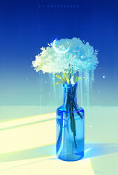 artist_name blue_background blue_theme crescent_moon english_text flower highres huhv. moon no_humans original shadow still_life vase water white_flower