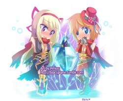 2girls armored_boots assassin_cross_(ragnarok_online) black_cape black_gloves black_leotard black_thighhighs blonde_hair blue_eyes blush boots breasts brown_eyes cape closed_mouth commentary crystal elbow_gloves english_commentary full_body gloves hat leotard long_hair lowres medium_breasts multiple_girls navel pkyu ragnarok_online red_hat red_leotard red_scarf red_thighhighs revealing_clothes scarf short_hair smile thighhighs torn_cape torn_clothes torn_scarf transparent_background waist_cape