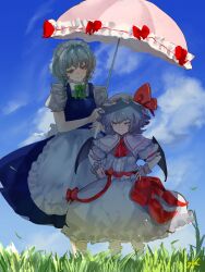 2girls absurdres apron ascot bat_wings blue_eyes blue_hair blue_sky bow braid closed_eyes cloud cloudy_sky day eneshi frilled_umbrella frills green_bow grey_hair hair_between_eyes hat hat_ribbon highres holding holding_umbrella izayoi_sakuya maid maid_headdress mob_cap multiple_girls outdoors pink_hat pink_shirt pink_skirt puffy_short_sleeves puffy_sleeves red_ascot red_ribbon remilia_scarlet ribbon shirt short_hair short_sleeves skirt skirt_set sky smile touhou twin_braids umbrella waist_apron white_hair wings wrist_cuffs