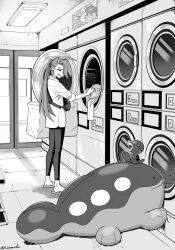 1girl botamochi_(exwelder) clodsire greyscale highres laundromat laundry laundry_basket long_hair monochrome nintendo on_head paldean_wooper pokemon pokemon_(creature) pokemon_sv ponytail quaxly rika_(pokemon) sliding_doors slippers washing_machine
