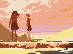 Rule 34 | 2girls, 55bata6rou, black hair, brown hair, cloud, cloudy sky, highres, horizon, koito yuu, long hair, long sleeves, multiple girls, nanami touko, no lineart, orange hair, outdoors, pink sky, school uniform, short hair, sky, standing, sunset, tohmi higashi high school uniform, twintails, water, yagate kimi ni naru