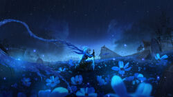 1girl absurdres arm_armor armor armored_boots artist_name aura blue_eyes blue_flower blue_theme boots breastplate character_request chinese_commentary cloud commentary_request couter elden_ring fantasy faulds field flower flower_field from_side greaves hair_between_eyes half_updo highres hkcutie holding holding_sword holding_weapon kneeling leg_armor long_bangs magic night night_sky original pauldrons plate_armor poleyn ponytail rain rerebrace ruins scenery serious short_ponytail shoulder_armor signature sky solo star_(sky) starry_sky sword tree vambraces weapon white_hair wide_shot