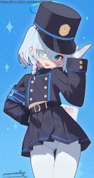 1girl absurdres aqua_hair arona_(blue_archive) black_hat black_jacket black_skirt blue_archive blue_eyes buttons cosplay cowboy_shot gloves hat highres hikari_(blue_archive) hikari_(blue_archive)_(cosplay) jacket looking_at_viewer momobug22 multicolored_hair pantyhose pink_hair skirt solo two-tone_hair white_gloves white_pantyhose