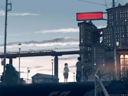 1boy 1girl artist_name bag bicycle building city cityscape cloud day dusk handbag lamppost lights multiple_unit_train original outdoors pants pavement railing road shirt short_hair short_sleeves signpost skirt sky street t-shirt teikoku_shounen train tree urban utility_pole watermark wide_shot