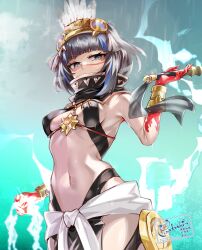 Rule 34 | 1girl, bare shoulders, black hair, blood, blood on hands, blue hair, bracer, breasts, detached collar, facepaint, fate/grand order, fate (series), feathers, grey eyes, headdress, high collar, highres, looking at viewer, medium breasts, navel, panda=hiro, pelvic curtain, sidelocks, solo, tenochtitlan (fate), tenochtitlan (first ascension) (fate), whip