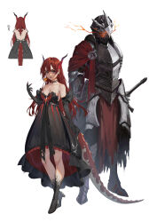 1boy 1girl absurdres armor armored_boots backless_dress backless_outfit black_choker black_dress black_footwear black_gloves blush boots breastplate breasts breath_weapon breathing_fire cape chinese_commentary choker cleavage covered_face cropped_arms cropped_legs dragon_girl dragon_horns dragon_tail dress earrings elbow_gloves fang faulds fingernails fire from_behind full_body gem gloves glowing glowing_eyes gradient_horns grey_eyes hair_between_eyes hand_up helm helmet high_heel_boots high_heels highres horns jewelry knee_boots kray._(k-ray) long_hair looking_at_viewer medium_breasts multicolored_horns multiple_views nail_polish open_mouth original pauldrons pelvic_curtain purple_horns red_cape red_gemstone red_hair red_horns red_nails red_tail scales shoulder_armor side_cape simple_background skin_fang slit_pupils standing strapless strapless_dress sword tail torn_clothes vambraces weapon white_background