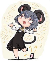 1girl animal_ear_fluff animal_ears black_dress black_shoes blush cookie_(touhou) dancing dress full_body grey_hair jewelry long_sleeves lowres man_(man-room) mouse_ears mouse_girl mouse_tail musical_note nazrin necklace nyon_(cookie) open_mouth red_eyes shoes short_hair smile socks solo tail touhou white_socks