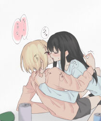 2girls beer_can black_hair black_shorts blonde_hair blue_shirt blurry blurry_foreground can closed_eyes commentary drink_can drunk french_kiss grey_background hand_on_another&#039;s_back highres inoue_takina kiss kneeling long_hair long_sleeves lycoris_recoil medium_hair multiple_girls nishikigi_chisato pink_shirt red_eyes shirt shorts simple_background sitting speech_bubble sweat syonosuke9573 tongue translated yuri
