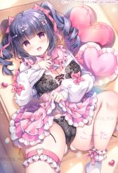 1girl black_bra black_panties blush bow bra breasts choker cleavage drill_hair frills hair_bow hair_ornament hairclip heart jewelry kouta. lace lace-trimmed_bra lace-trimmed_panties lace_trim large_breasts long_hair long_sleeves looking_at_viewer lying on_back open_mouth original panties pillow pink_bow pink_choker pink_skirt purple_eyes purple_hair shirt skirt smile solo thighlet twin_drills twintails underwear