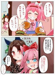 +++ 3girls :d ^_^ absurdres agnes_digital_(umamusume) animal_ears black_dress blue_eyes blush bow brown_hair burger closed_eyes collared_shirt commentary_request dress dress_shirt drooling ear_bow food food_on_face green_bow grin hair_bow haru_urara_(umamusume) highres holding holding_food horse_ears horse_girl horse_tail indoors jacket king_halo_(umamusume) long_hair mouth_drool multiple_girls neck_ribbon notice_lines one_side_up open_mouth overalls parted_lips peeking_out pink_jacket pink_shirt ponytail red_bow red_eyes red_ribbon ribbon shi_(kamokamo910) shirt smile tail teeth translation_request umamusume upper_teeth_only white_bow