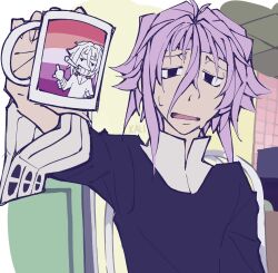 androgynous artist_name black_eyes chibi choppy_bangs commentary crona_(soul_eater) cuff_links cup empty_eyes english_commentary grin hair_between_eyes hand_up highres holding holding_cup kaligraphy meme_request middle_finger mug open_mouth photo-referenced pink_hair signature sleeve_cuffs small_sweatdrop smile soul_eater white_sleeve_cuffs zionism