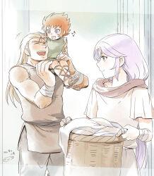 3boys ^_^ alternate_costume androgynous aries_muu armlet basket brown_hair casual child closed_eyes green_eyes holding holding_basket jewelry kiki_(saint_seiya) laundry laundry_basket long_hair looking_at_another looking_to_the_side male_focus mizuhara_aki multiple_boys muscular muscular_male official_alternate_costume open_mouth profile purple_eyes purple_hair saint_seiya sandals short_hair sitting_on_shoulder sleeveless smile solo_focus spiked_hair taurus_aldebaran thick_eyebrows wrist_wrap