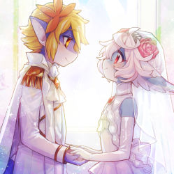 1boy 1girl ascot backlighting blonde_hair bridal_veil brooch cape cat_girl couple dragon_boy dress elbow_gloves flower formal_clothes from_side furry furry_female furry_with_furry gloves hair_flower hair_ornament hetero high_collar holding_hands interspecies jewelry looking_at_another original pink_flower pink_rose profile red_eyes rose sleeveless sleeveless_dress smile suit veil wedding wedding_dress white_cape white_gloves white_hair white_neckwear white_suit yadayada yellow_eyes